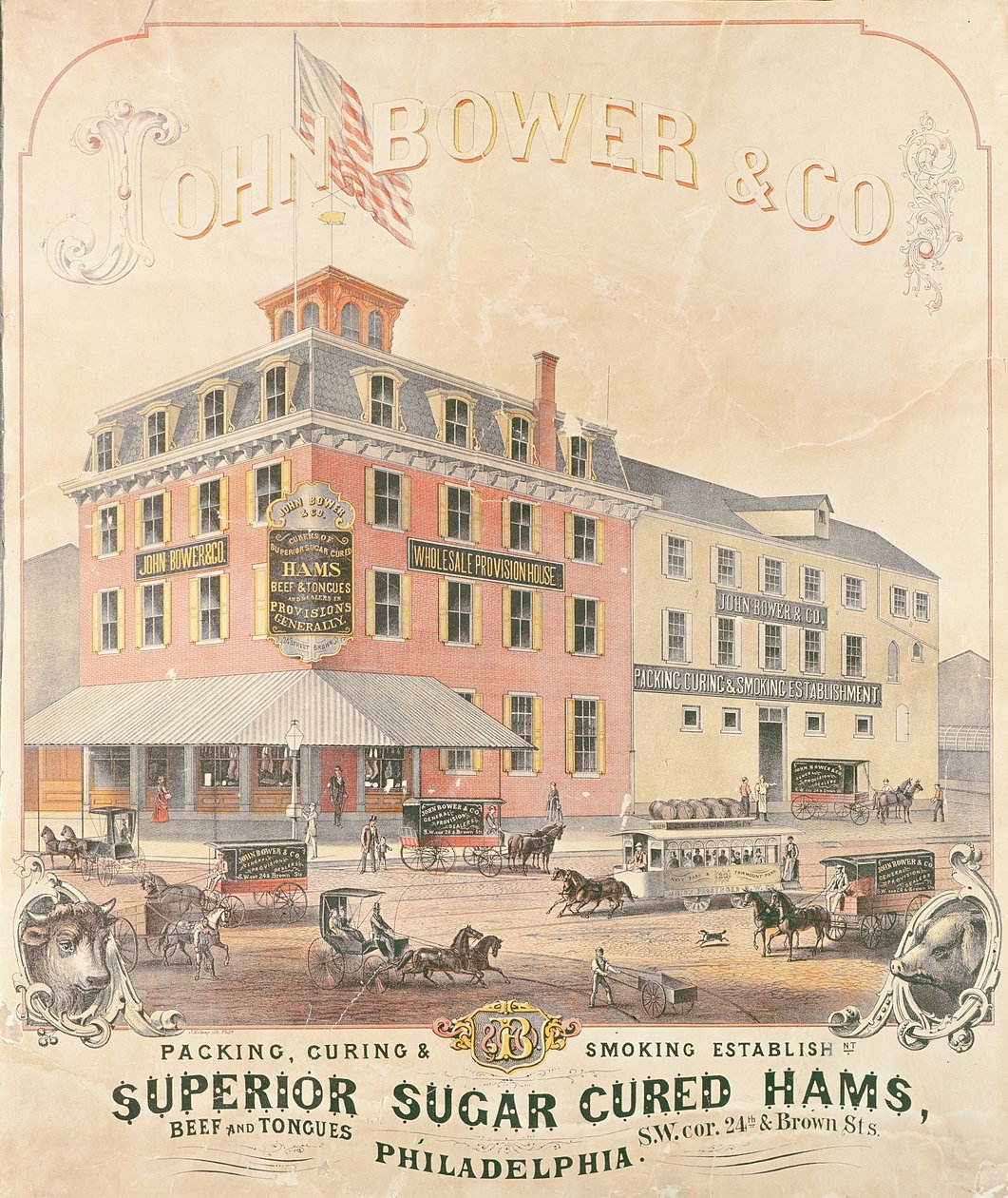 Plakat, das John Bower & Co. Superior Sugar Cured Hams bewirbt von American School