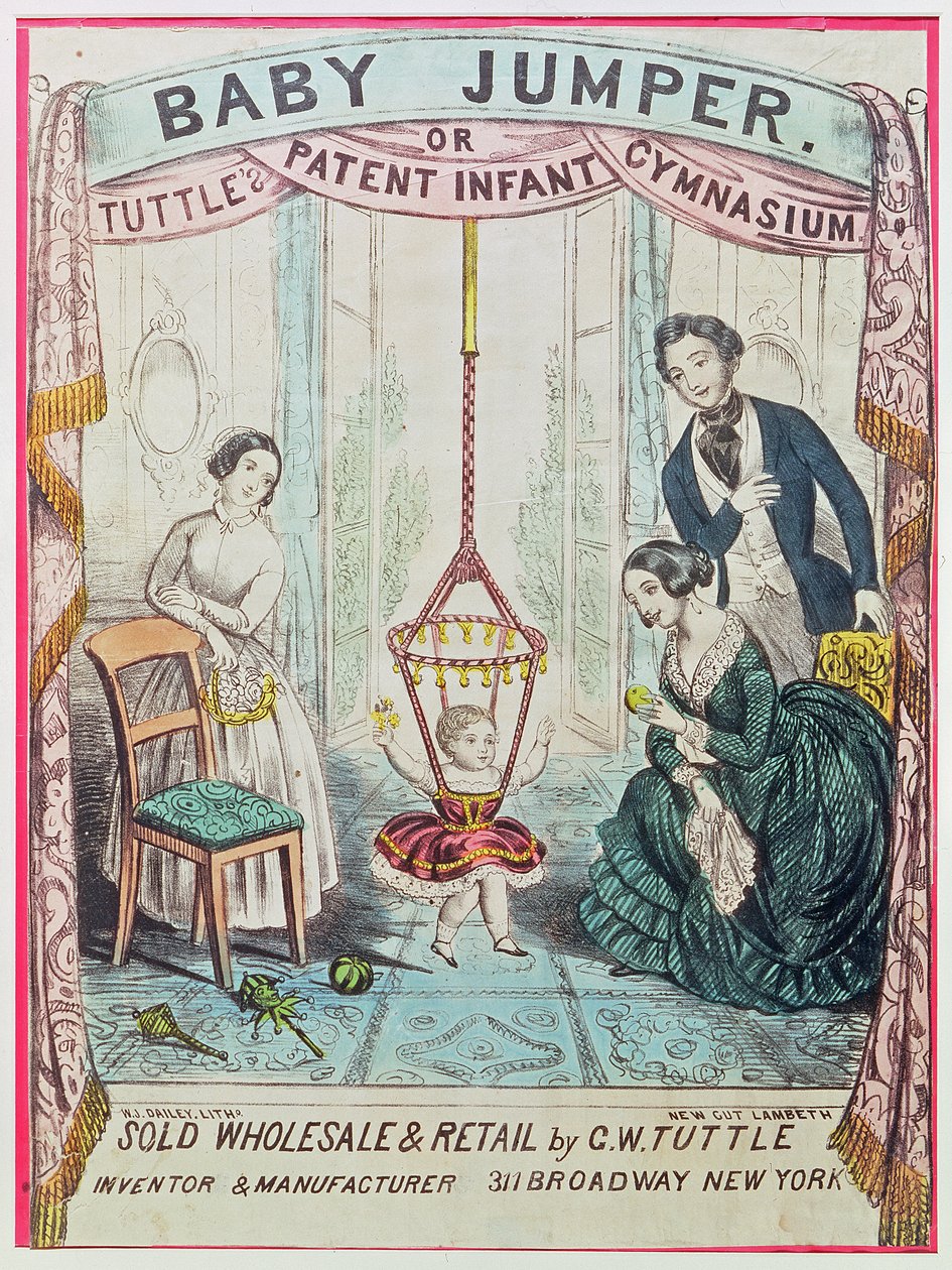 Plakat, das den Baby Jumper oder Tuttes Patent Infant Gym bewirbt, veröffentlicht von W.J. Dailey von American School