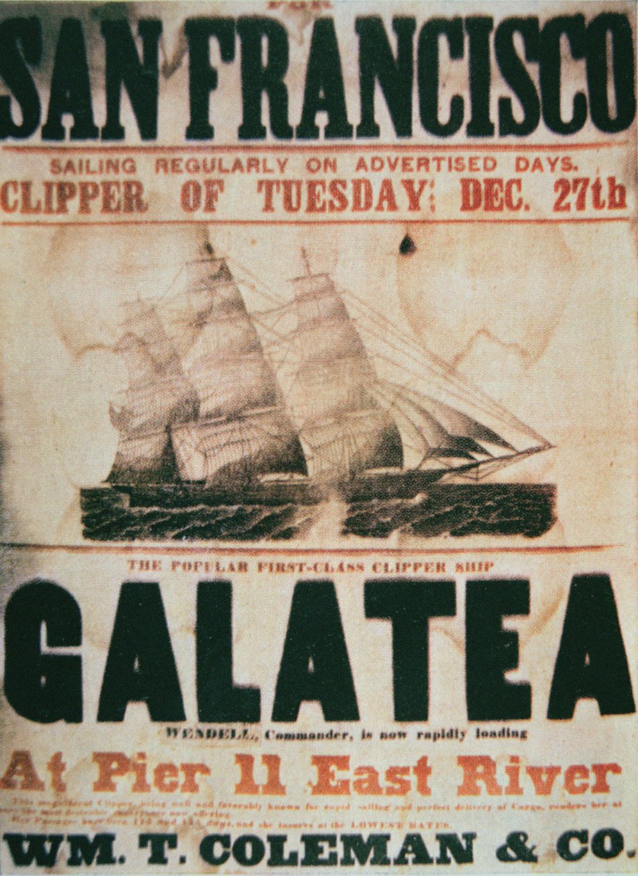 Plakat für die Route New York nach San Francisco des Klipperschiffs 