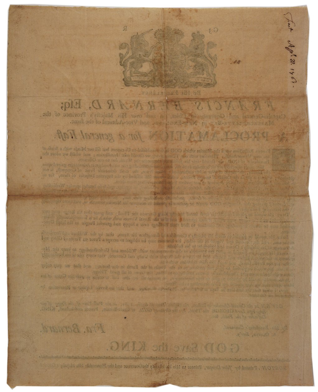 Proklamation im Namen von Francis Bernard, Gouverneur der Massachusetts Bay: Ankündigung eines Fastentages während des Französisch- und Indianerkrieges, 8. April 1761 von American School