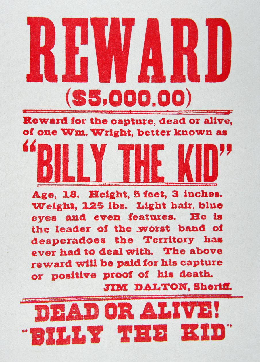 Steckbrief für Billy the Kid (1859-81) von American School