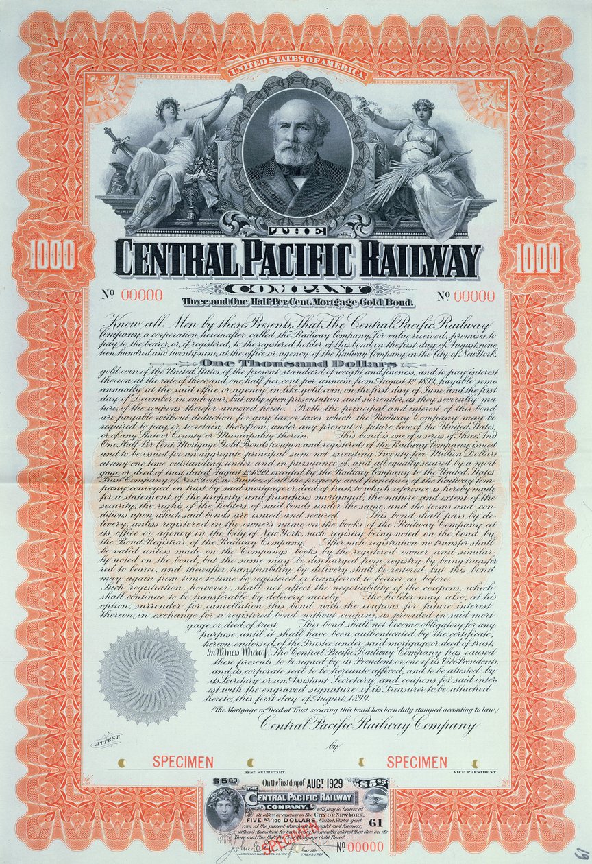 Musteranleihezertifikat für 1000 Dollar für die Central Pacific Railway Company, 1899 von American School