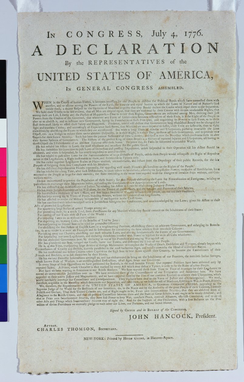Die Unabhängigkeitserklärung, gedruckt von Hugh Gaine, 1776 von American School