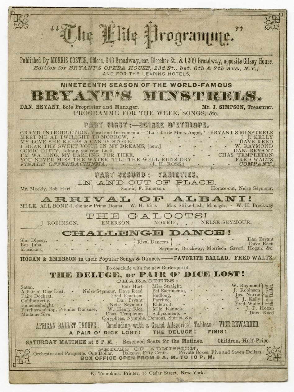 Das Elite-Programm für Bryants Opernhaus, veröffentlicht von Morris Coster von American School