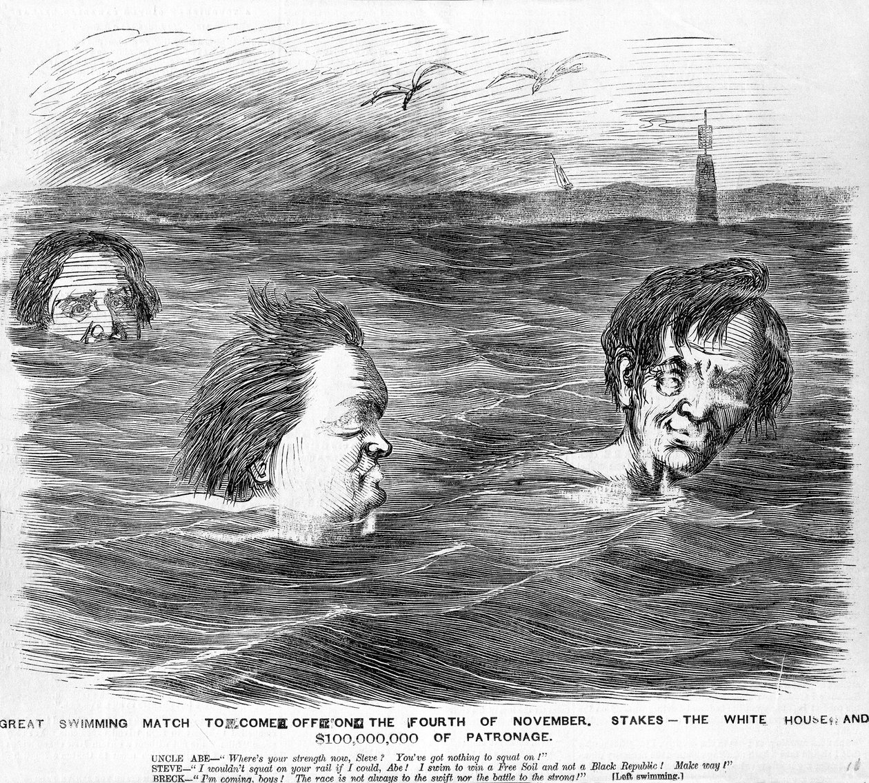 Das große Schwimmwettbewerb, das am vierten November stattfinden wird, ca. 1860 von American School