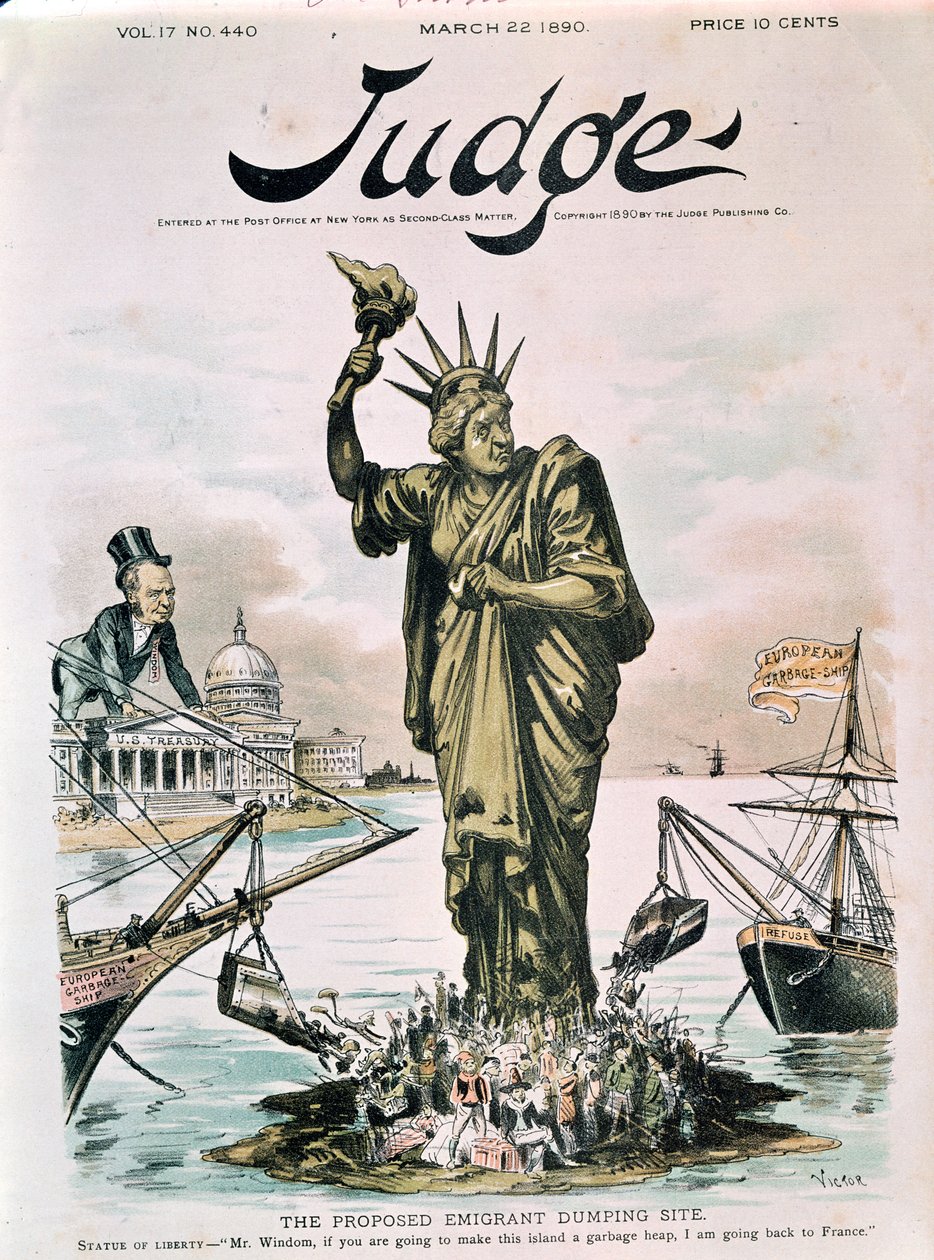 Der vorgeschlagene Emigrantenauswurfplatz, Titelseite von Judge, 22. März 1890 von American School