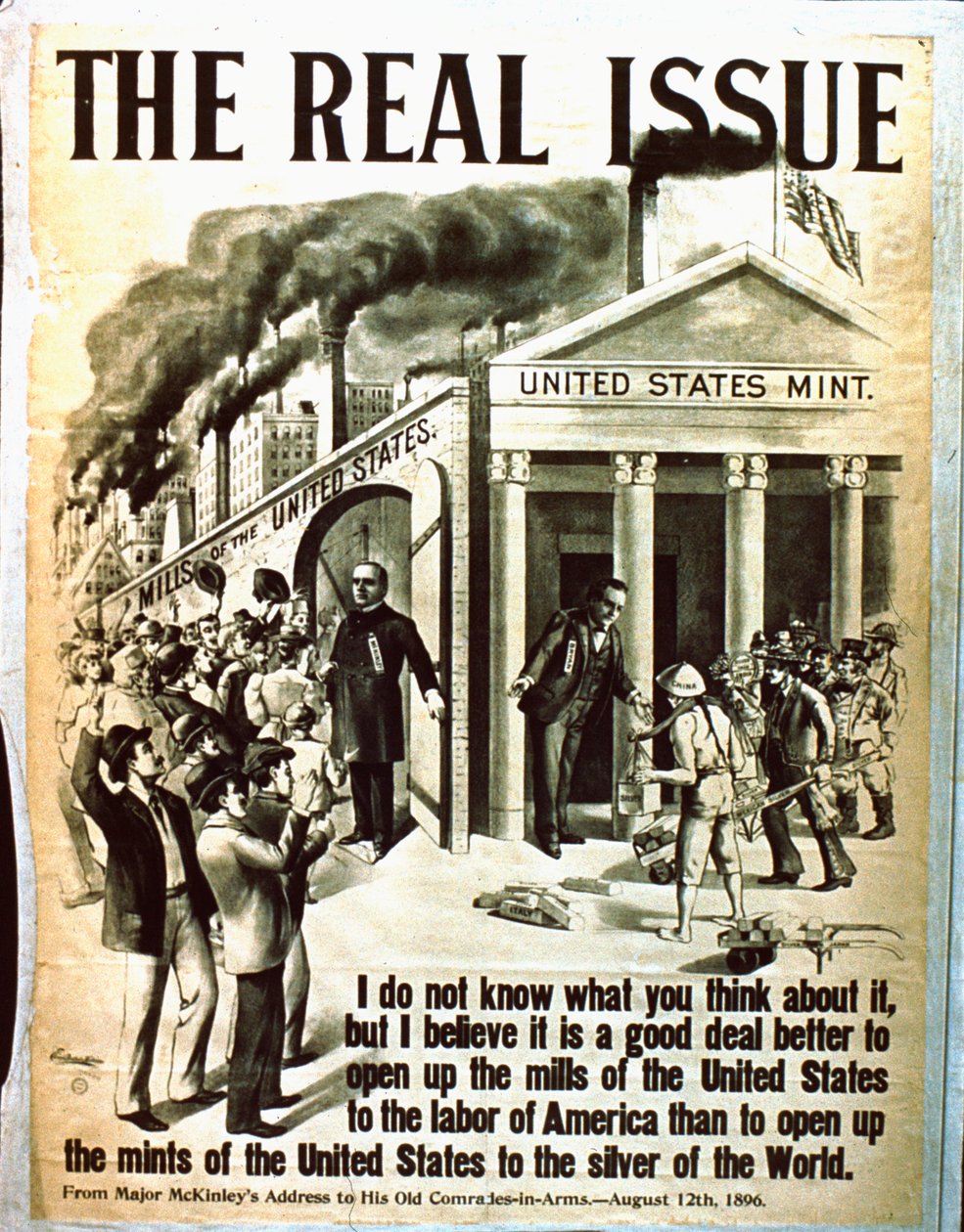 Das eigentliche Problem - Ein Poster, das die USA auffordert, ihre Mühlen für amerikanische Arbeiter zu öffnen von American School