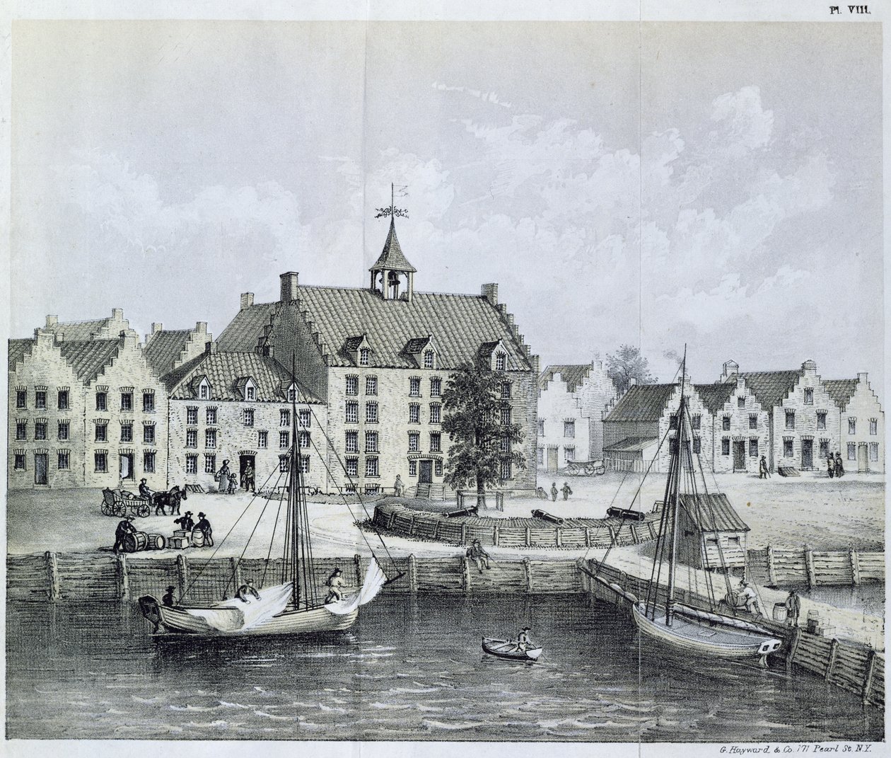 Das Stadthuys von New York im Jahr 1679, Ecke Pearl Street und Coentijs Slip, aus dem Journal of a Voyage to New York in 1679-80 von Jasper Danckaerts und Peter Sluyter, veröffentlicht 1867 von American School