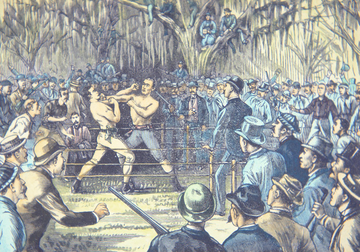Der letzte Bare-Knuckle-Boxkampf 1889, John L. Sullivan gegen Jake Kilrain in Richburg, Mississippi von American School