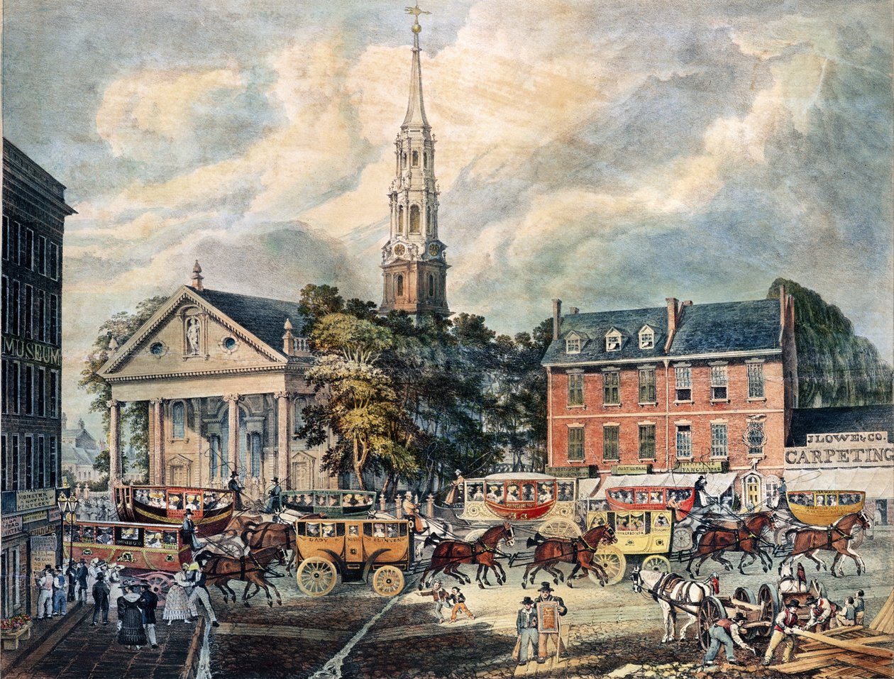 Ansicht der St. Pauls Kapelle und der Broadway-Bühnen, New York von American School