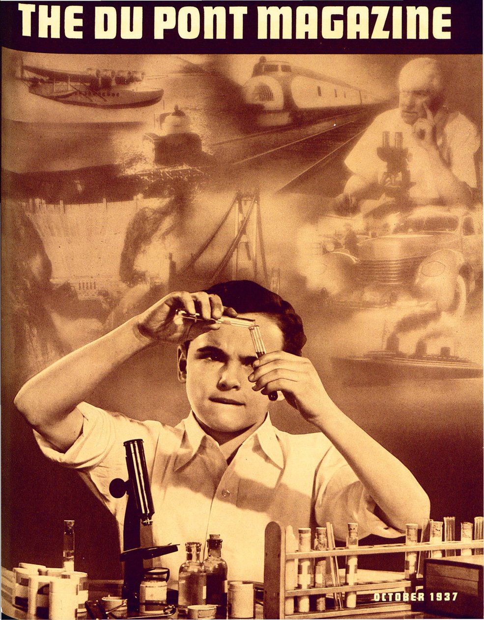 Junger Junge mit Chemiebaukasten, Titelseite des DuPont Magazins, Oktober 1937 von American School