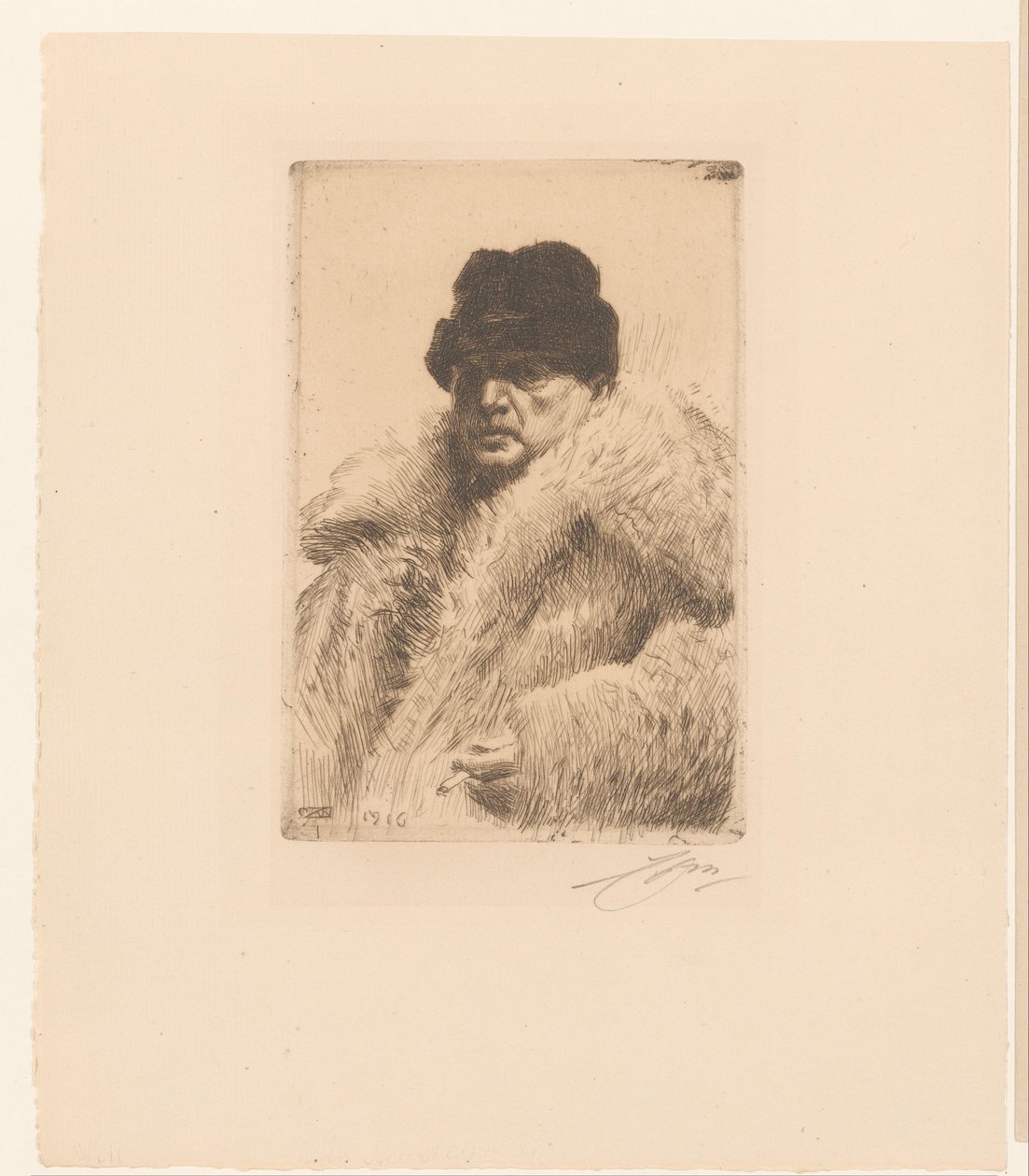 Selbstporträt mit Pelz und Mütze von Anders Leonard Zorn (signed by artist)
