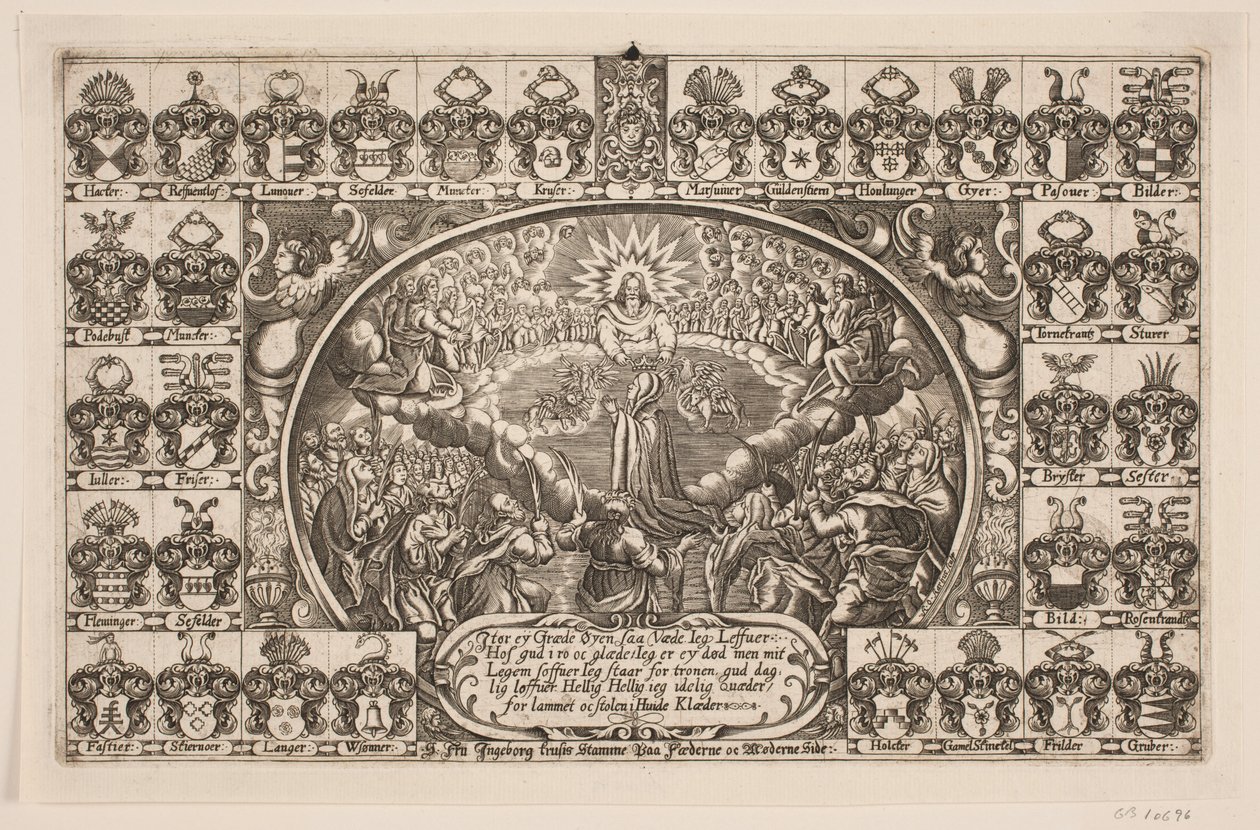 Frau Ingeborg Kruse kniet vor Gottes Thron. Aus der Leichenpredigt von Anders Ottesen