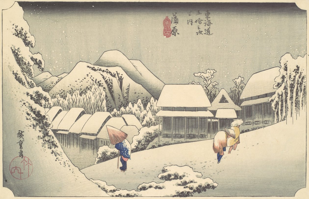 Abendschnee in Kanbara, aus der Serie Dreiundfünfzig Stationen des Tokaido, ca. 1833-34 von Ando Hiroshige