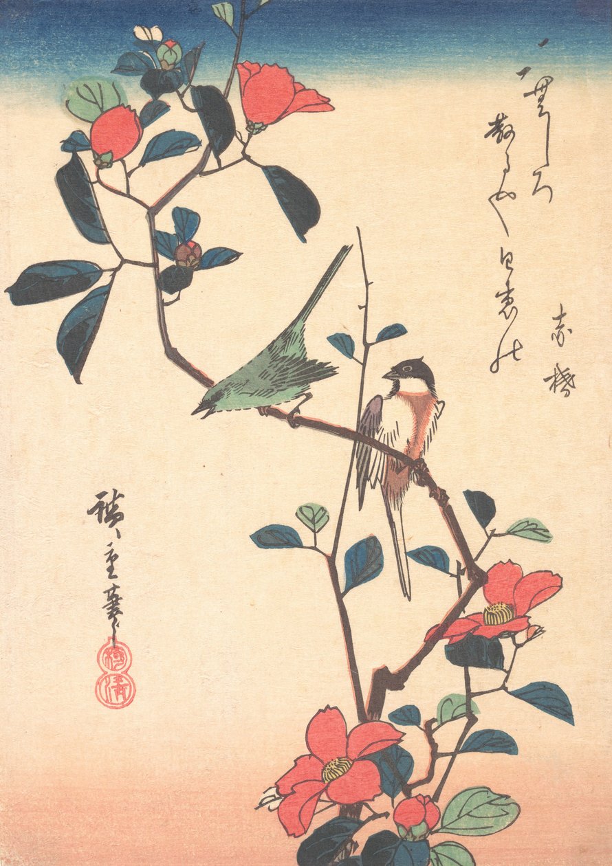 Japanische Weißaugen und Meise auf einem Kamelienzweig, ca. 1840 von Ando Hiroshige