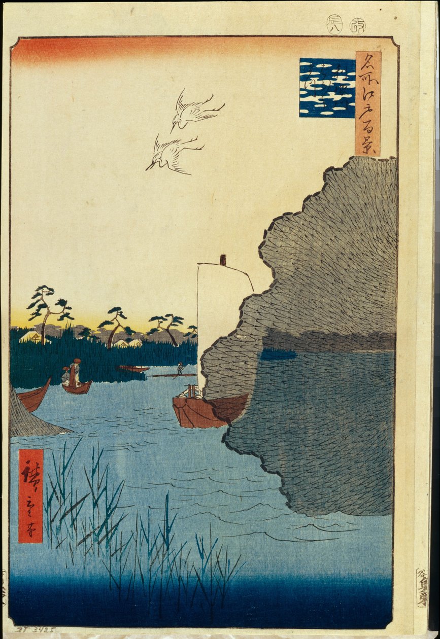 Hundert berühmte Ansichten von Edo: Zerstreute Kiefern am Tone-Fluss (1856-1858) von Ando or Utagawa Hiroshige
