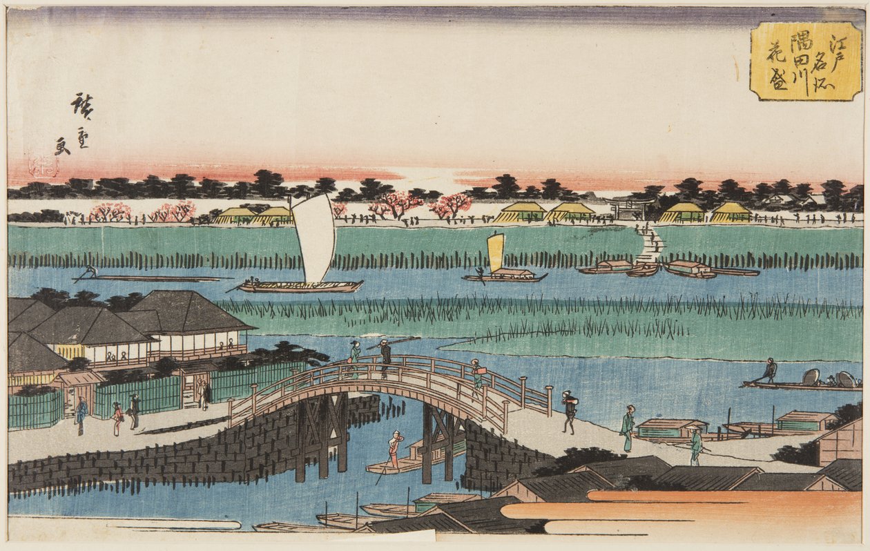 Kirschblüten in voller Blüte entlang des Sumida-Flusses von Ando or Utagawa Hiroshige