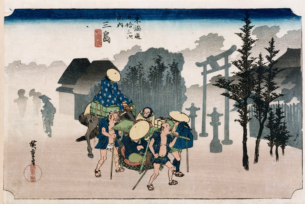 Morgennebel in Mishima, aus der Serie "Die dreiundfünfzig Stationen des Tokaido" von Ando or Utagawa Hiroshige