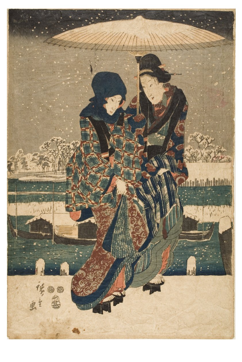 Schnee am Sumida-Fluss aus der Serie Ansichten der vier Jahreszeiten an berühmten Orten in Edo von Ando or Utagawa Hiroshige