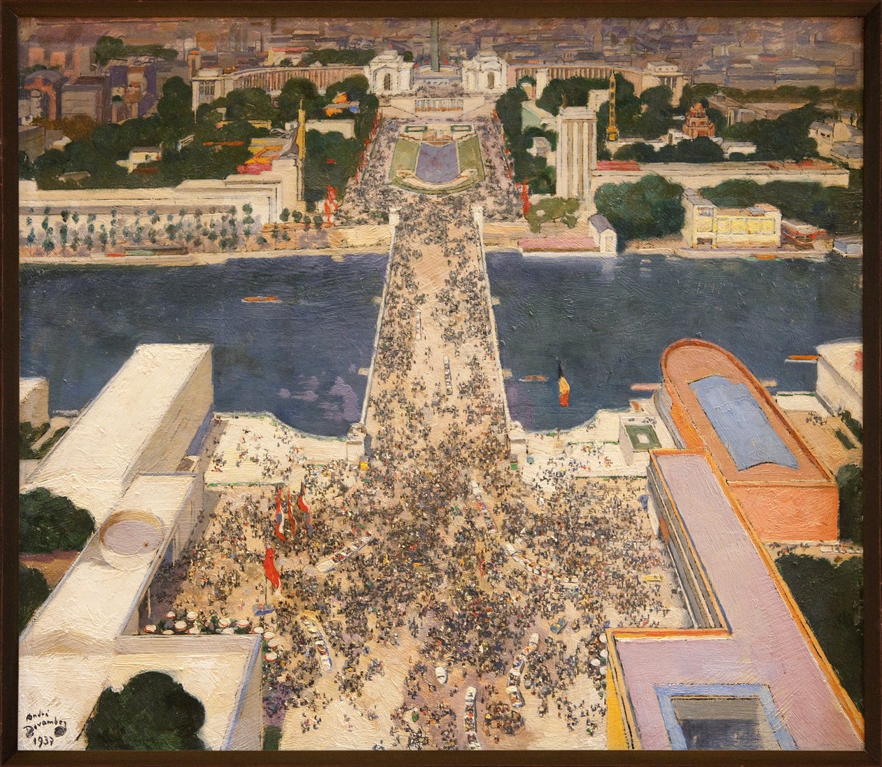 Die internationale Ausstellung 1937 vom zweiten Stock des Eiffelturms aus gesehen, am Fuße des Hügels von Chaillot, die Pavillons der Sowjetunion links und Nazi-Deutschland rechts gegenüber, Gemälde von Andre Devambez (1867-1944) von Andre Devambez
