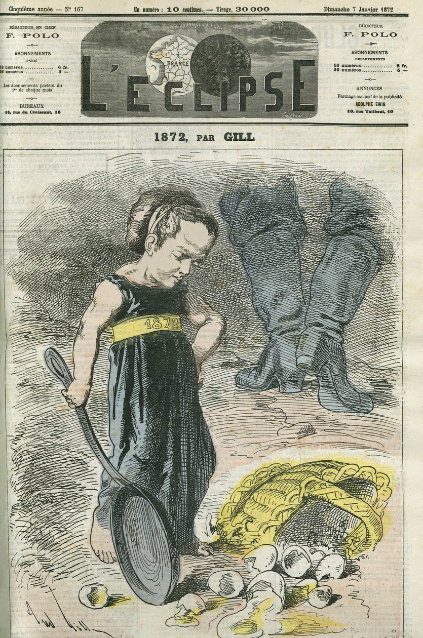1872, ein kleines Mädchen betrachtet ihren Korb mit Rissen. Titelbild in 