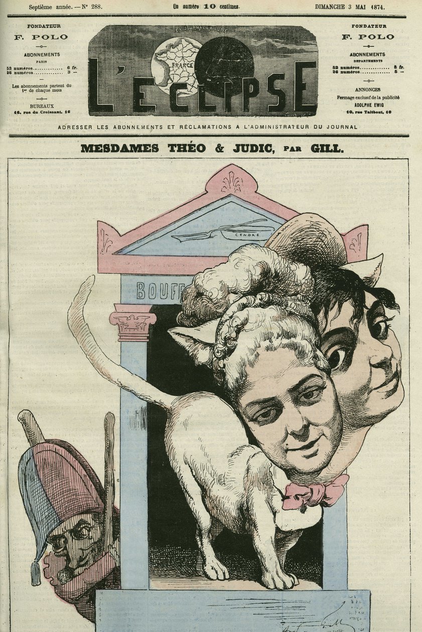 Karikatur von Damen Louise Theo und Anna Judic, Sängerinnen in einem Stück von Jacques Offenbach (1819-1880), Komponist. Titelblatt in „L