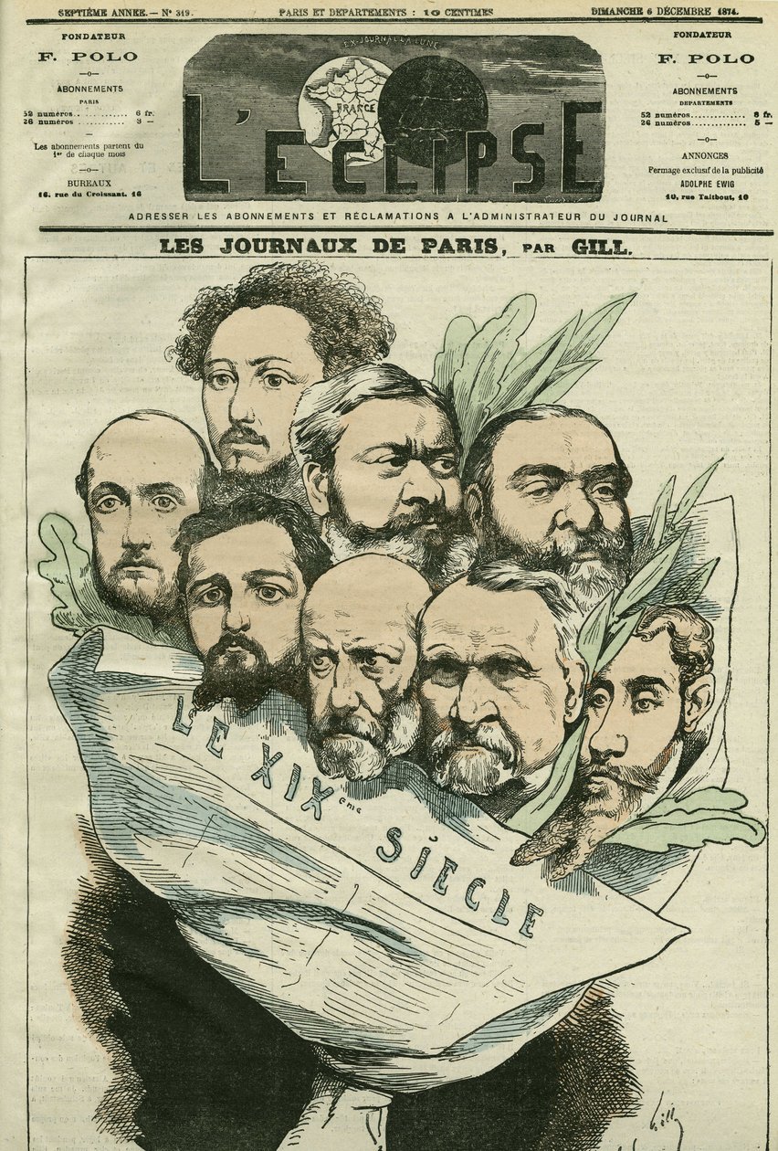 Karikatur des Teams der Zeitung „Le XIXe siècle“, geleitet von Edmont About (1828-?), einem französischen Schriftsteller. Titelblatt in „L