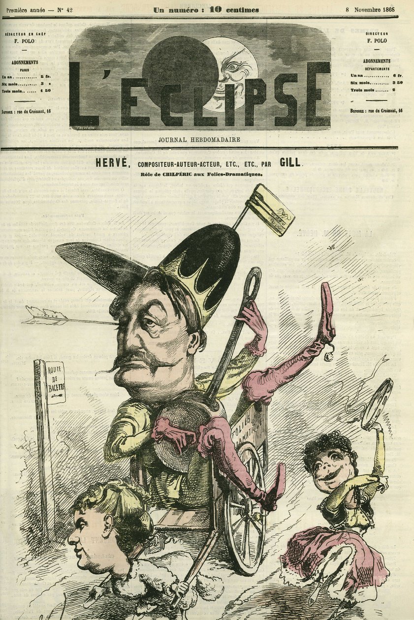Florimond Ronger genannt Hervé (1825-1892), französischer Komponist, Autor, Schauspieler, spielt die Rolle des Chilperic am Théâtre des Folies-Dramatiques. Titelblatt in „L