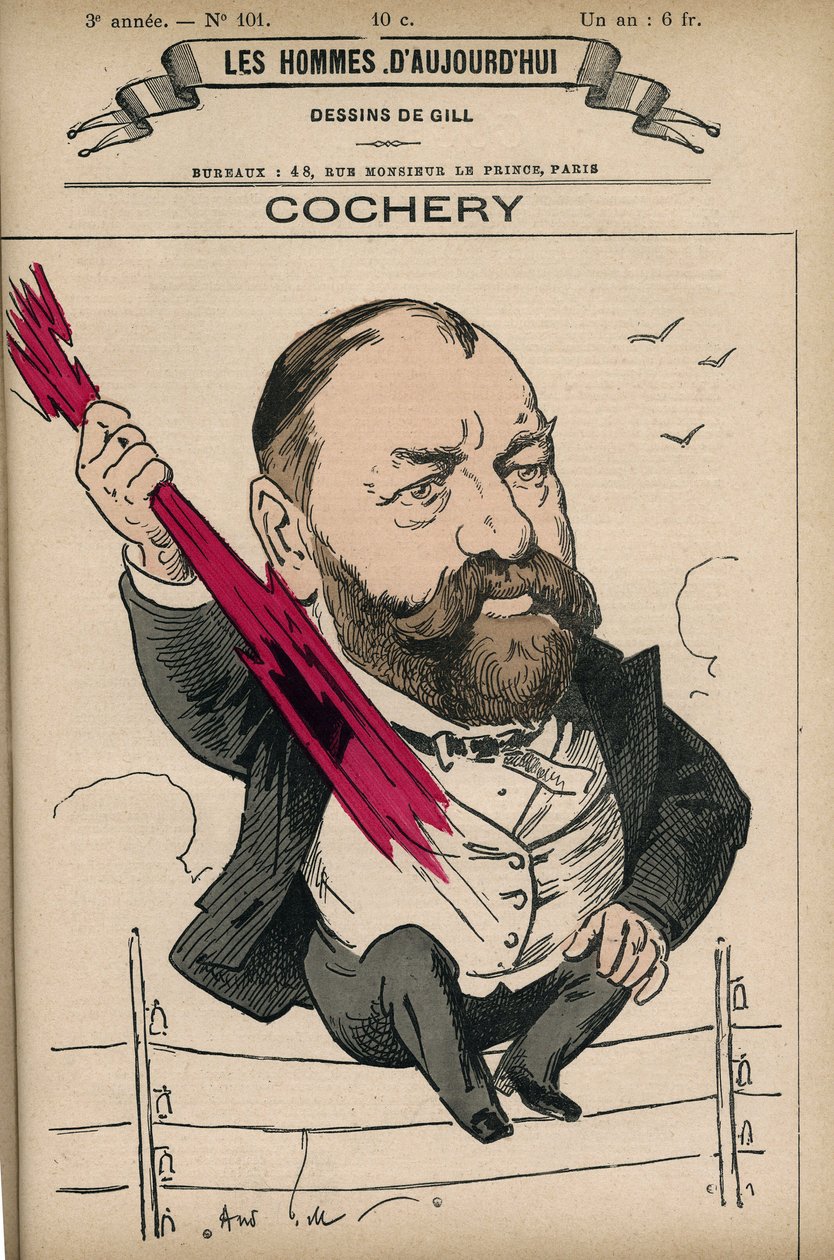 Porträt von Adolphe Cochery (1819-1900), französischer Anwalt und Politiker, Gründer der Ecole Superieure de Telegraphie. Karikatur von Gill, Paris. von Andre Gill