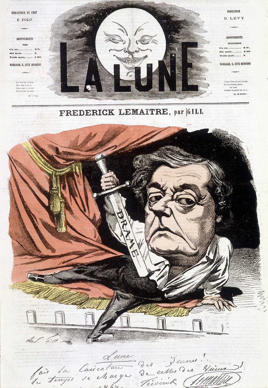 Porträt von Frédérick Lemaître (1800-1876), französischer Dramatiker und Schauspieler. Karikatur von Gill in „La Lune“, 16. Juni von Andre Gill