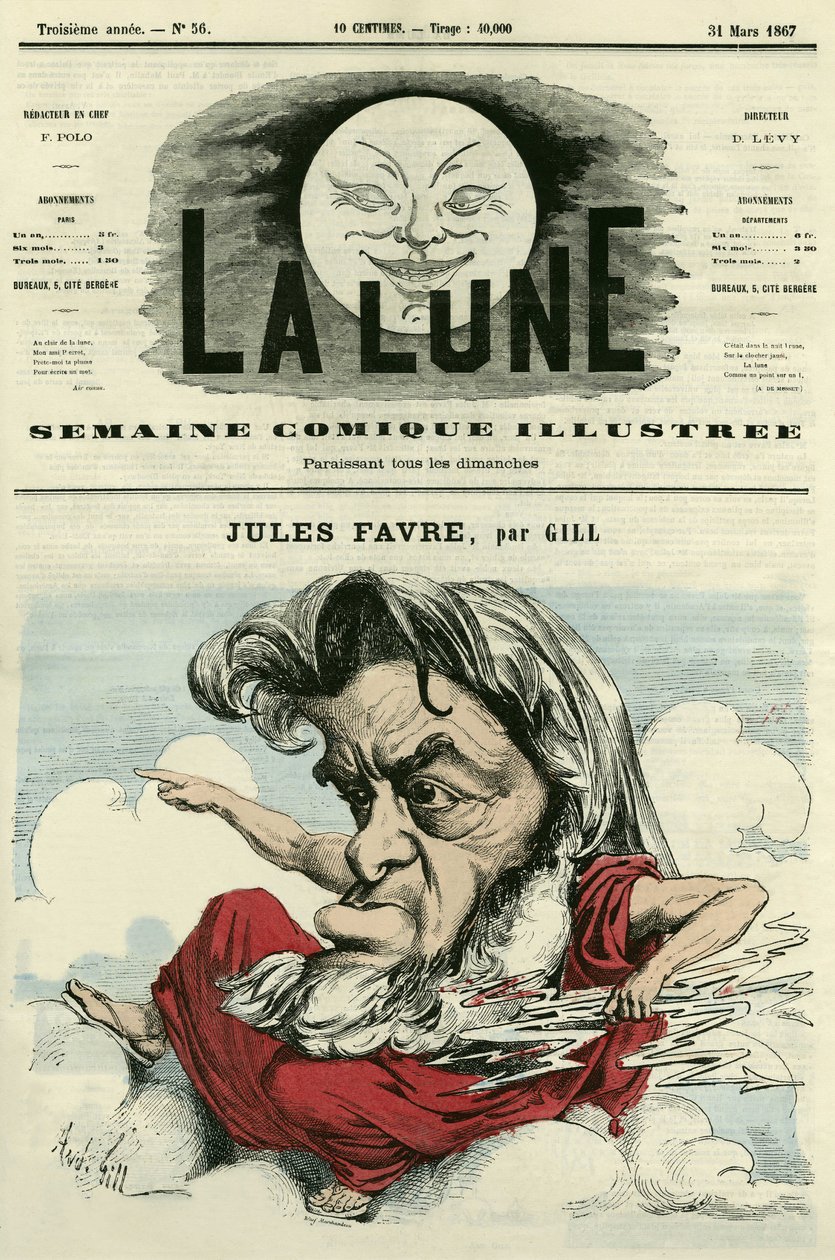 Porträt von Jules Favre (1809-1880), französischer Anwalt und Politiker. Karikatur von Gill, in „The Moon“, 31. März von Andre Gill