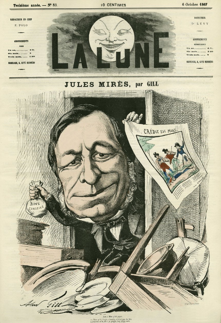 Porträt von Jules Mires (1809-1871), französischer Industrieller. Karikatur von Gill, in „The Moon“, 6. Oktober von Andre Gill