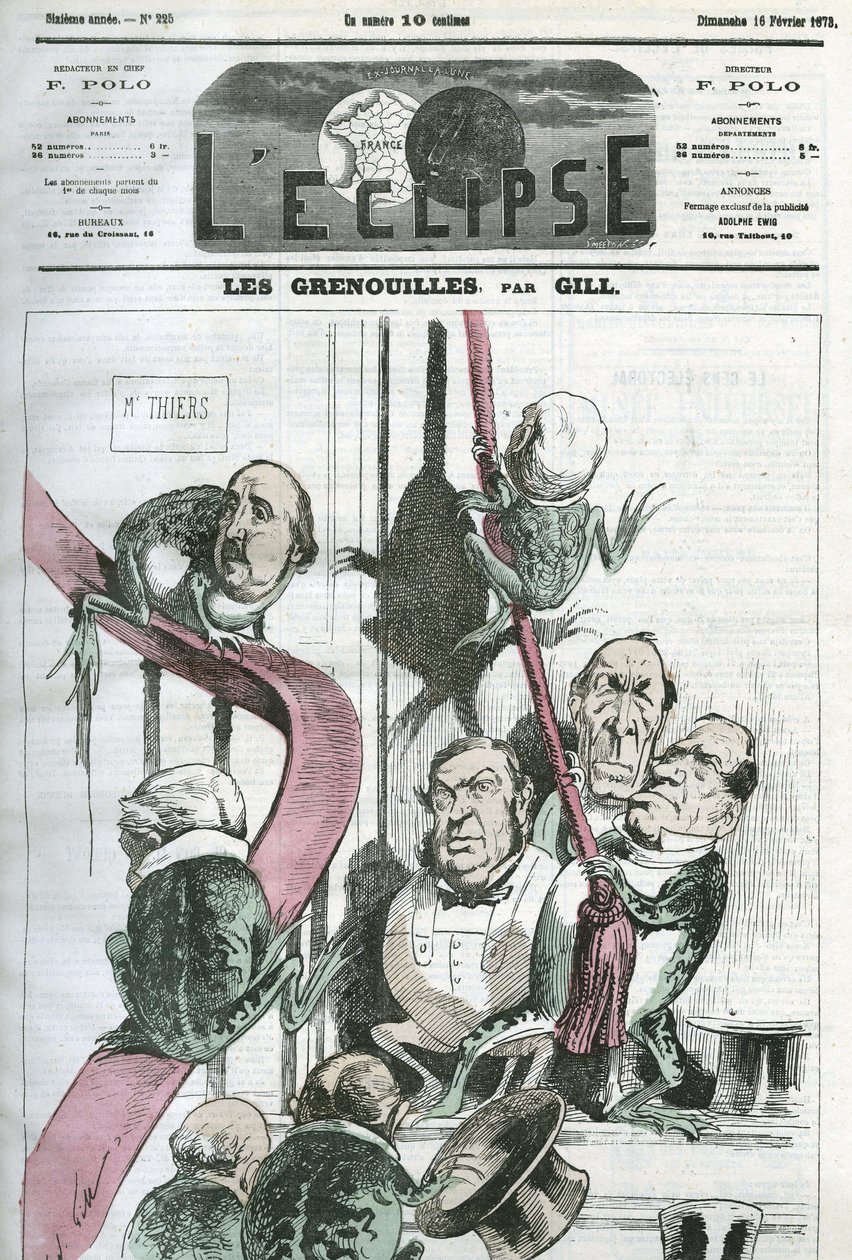 Die Frösche, eine Karikatur von Politikern in der Regierung von Präsident Thiers als Frösche. Titelblatt in „L