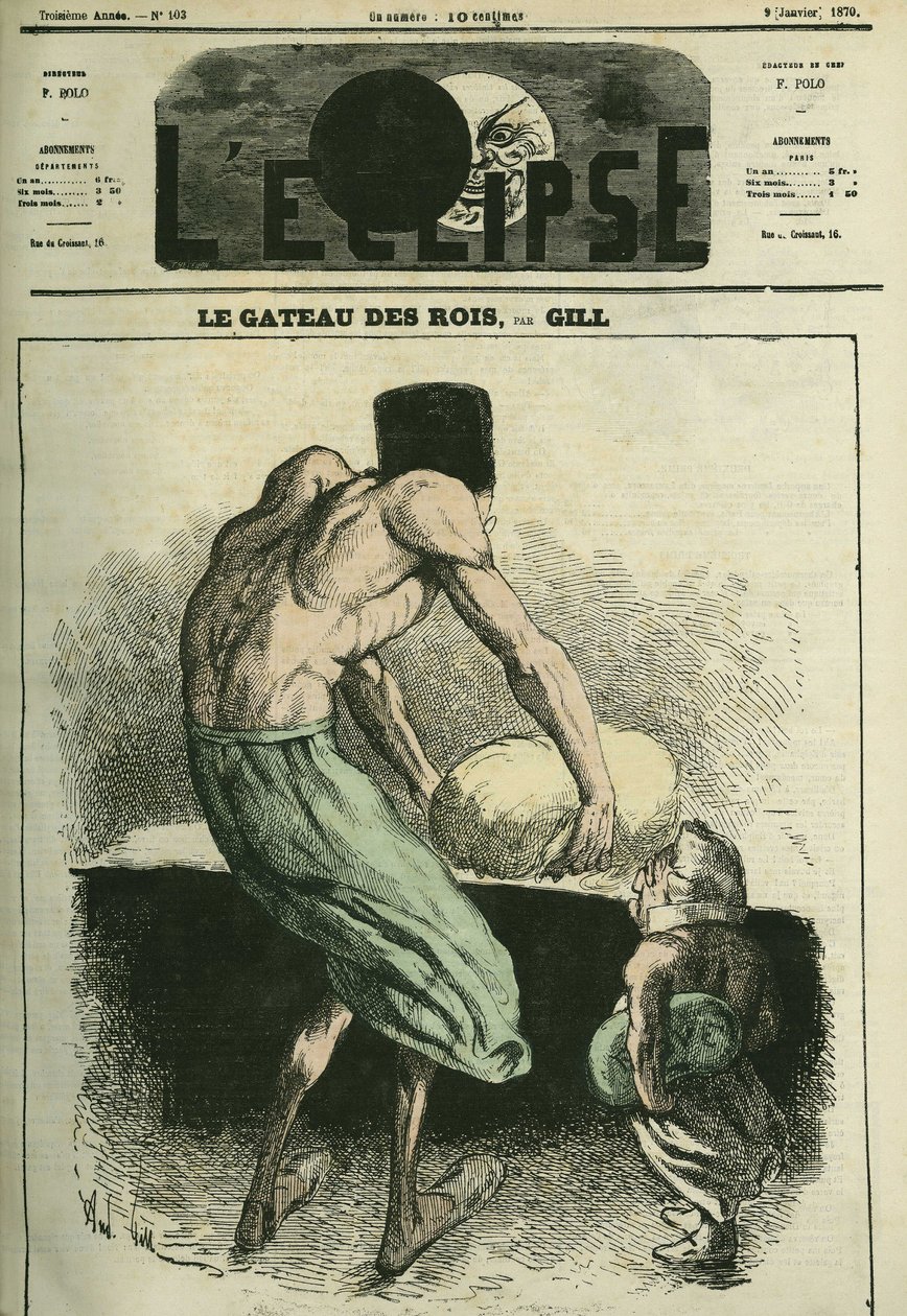 Der Kuchen der Könige, einer knetet den Teig, der andere hält die Bohne. Titelblatt in „L