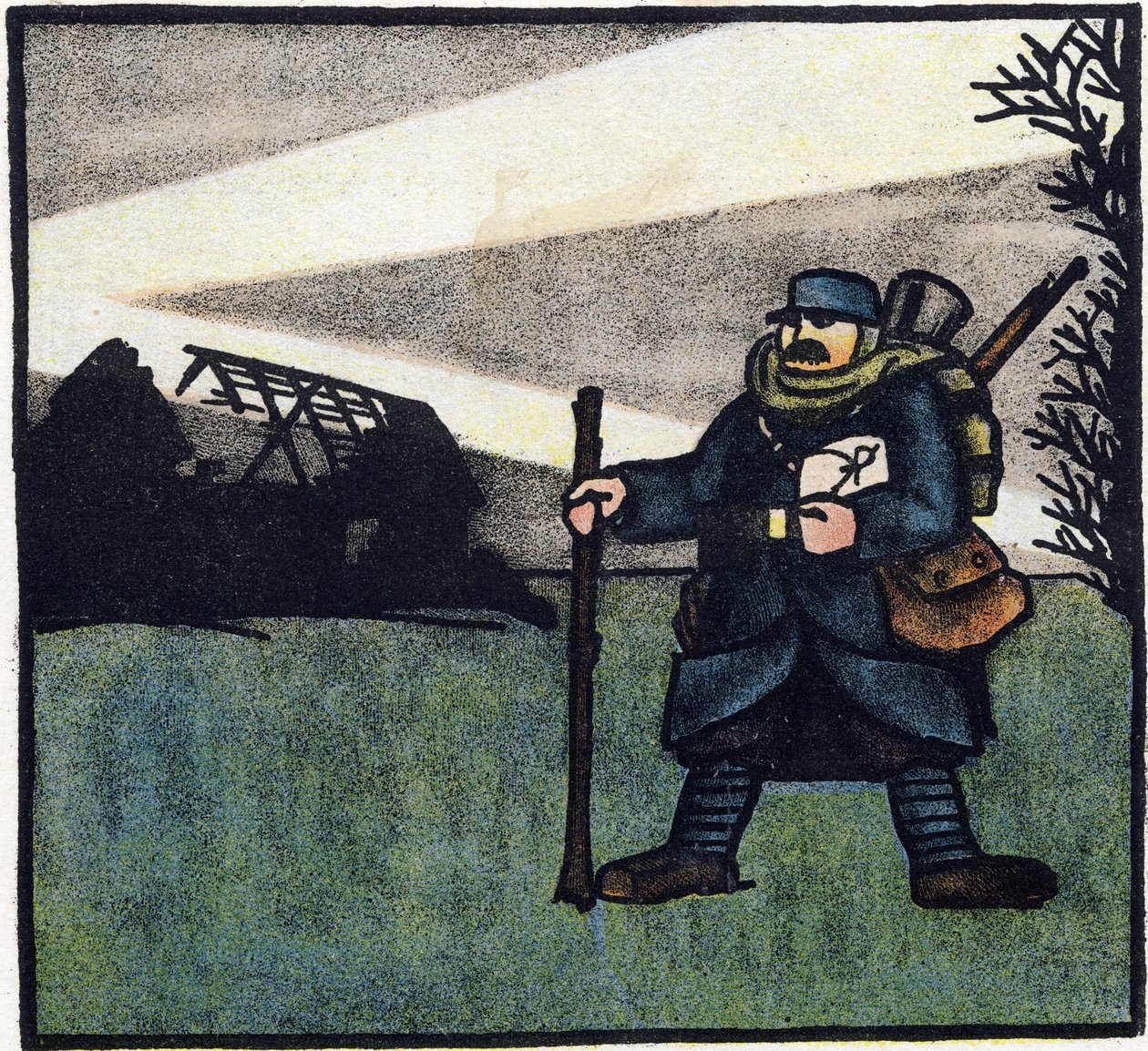 Erster Weltkrieg 1914-1918: Haarig. Porträt eines französischen Soldaten in Militäruniform mit Rucksack, Tasche und Gewehr. Gravur in „Alphabet des Großen Krieges 1914-1916 (für die Kinder unserer Soldaten)“. Editions Berger-Levrault von Andre Helle