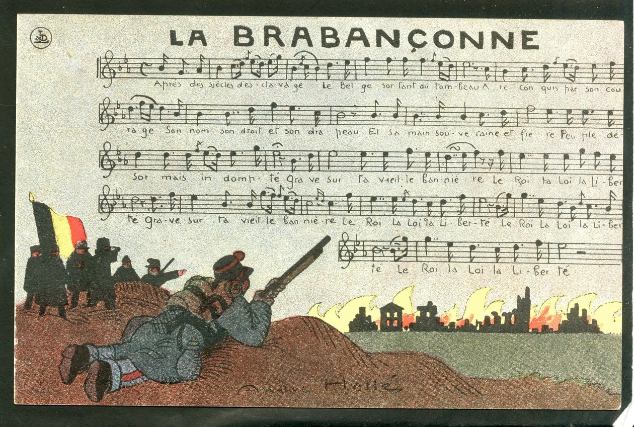 Postkarte, Satirisch in Farben, circa 1915: La brabanconne - Krieg von 14 -18, Belgien, Gesang - Soldaten Illustration von Andre Helle von Andre Helle
