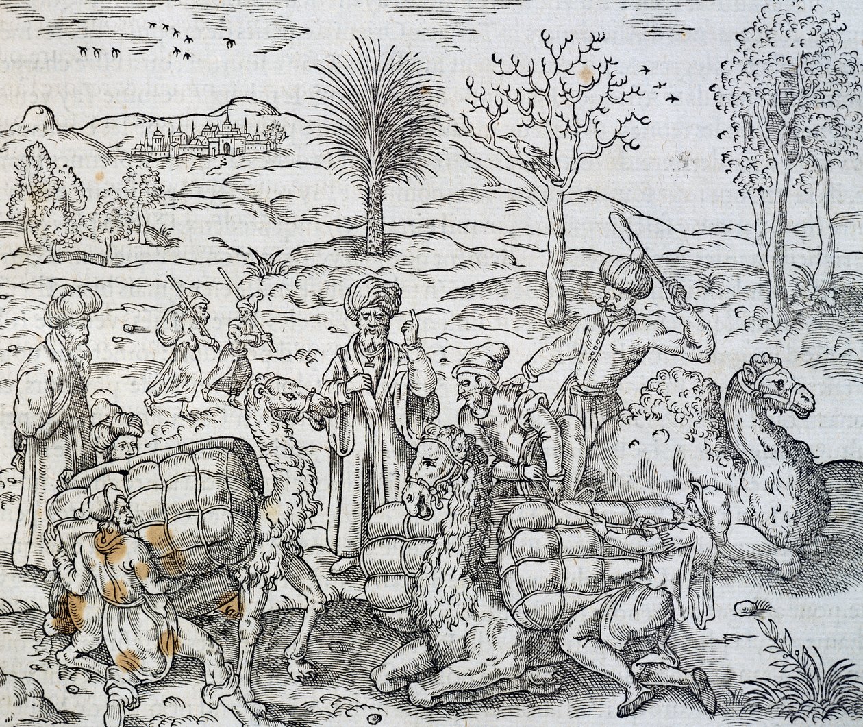 Arabische Händler in Syrien, Gravur aus der Universal Cosmology, von Andre Thevet von Andre Thevet