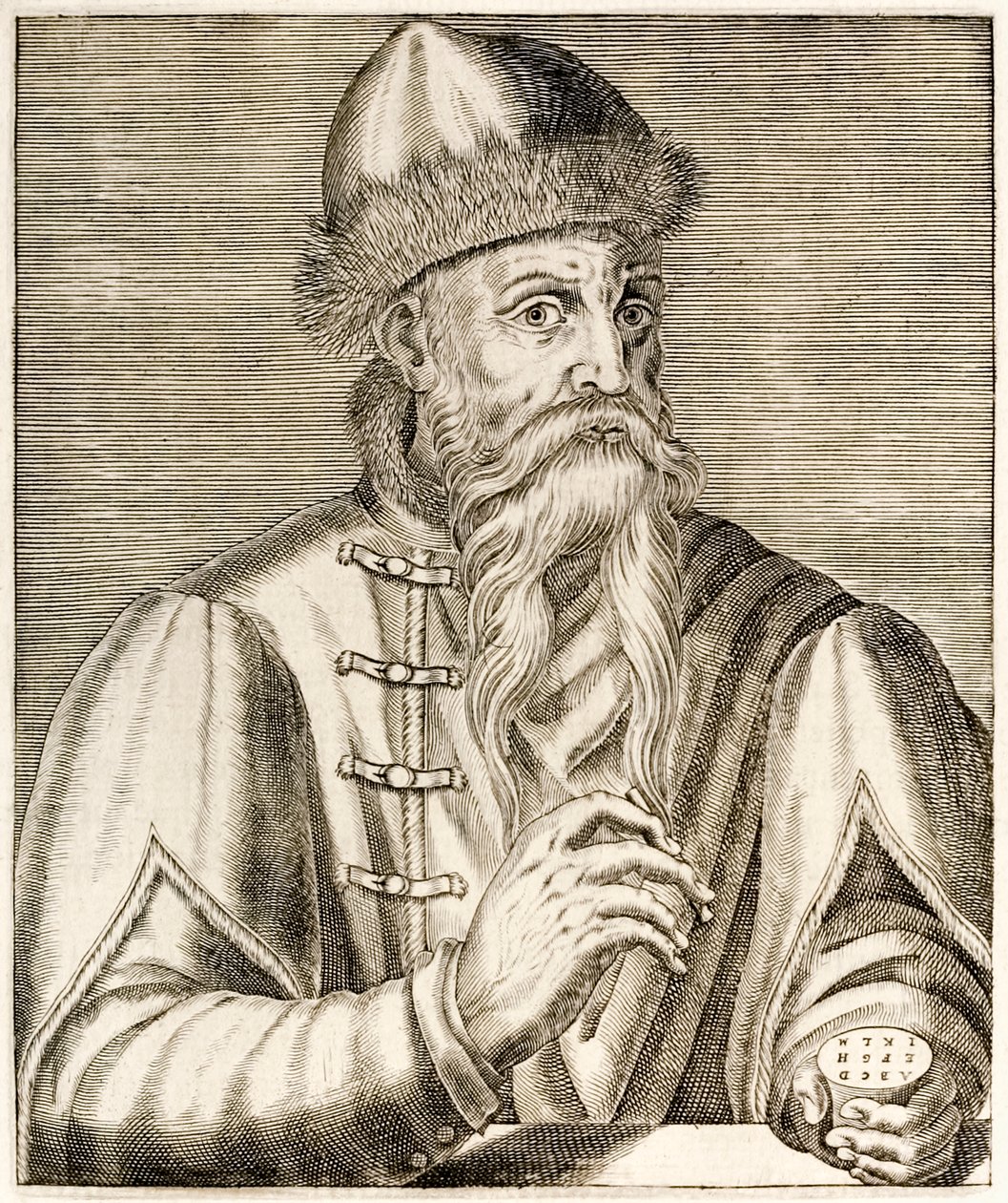 Johannes Gutenberg: Deutscher Erfinder, dessen Erfindung der beweglichen Lettern die Druckrevolution einleitete, aus „Wahre Porträts“ von André Thévet, veröffentlicht 1584 von Andre Thevet