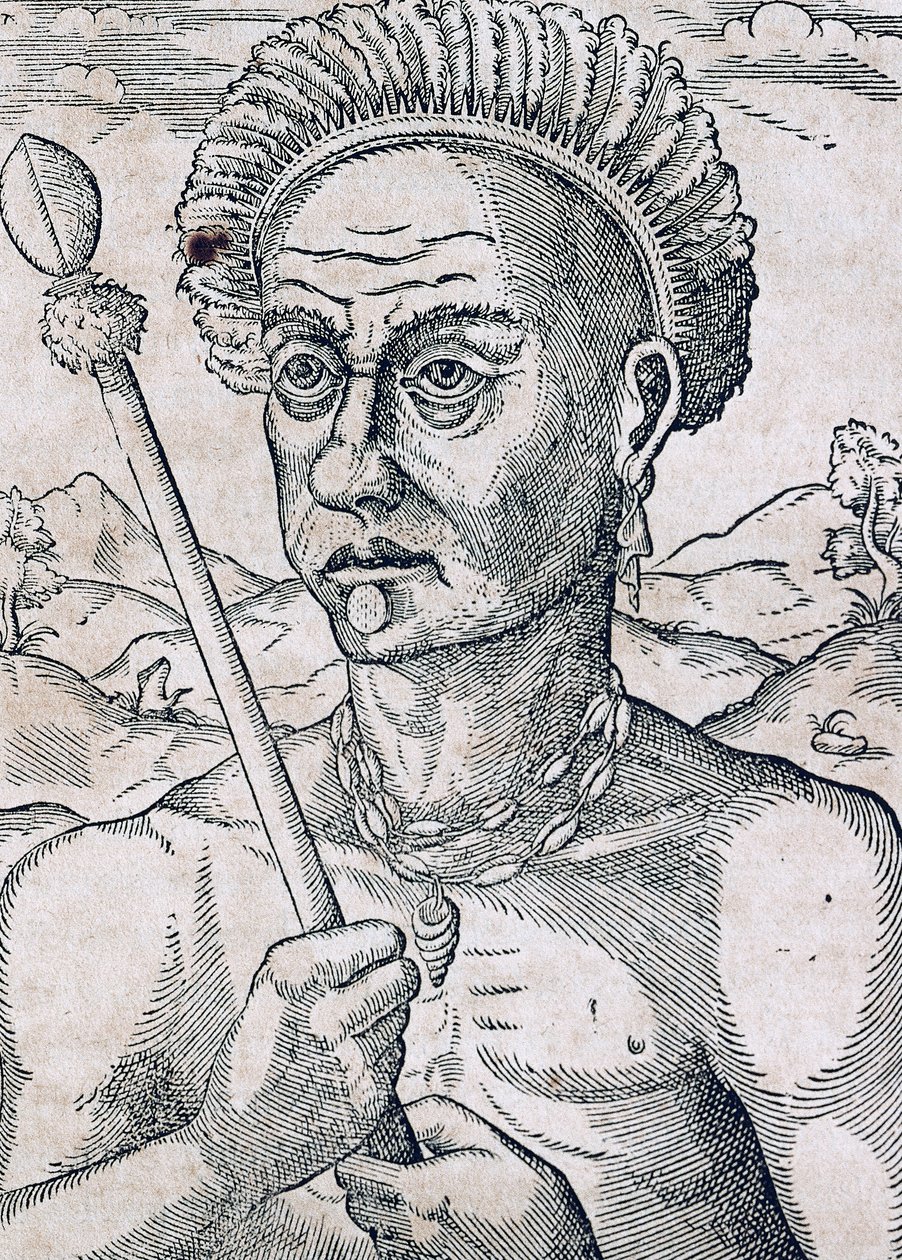 König Quoniambec, Brasilien, Gravur aus Universal Cosmology, von Andre Thevet, Paris von Andre Thevet