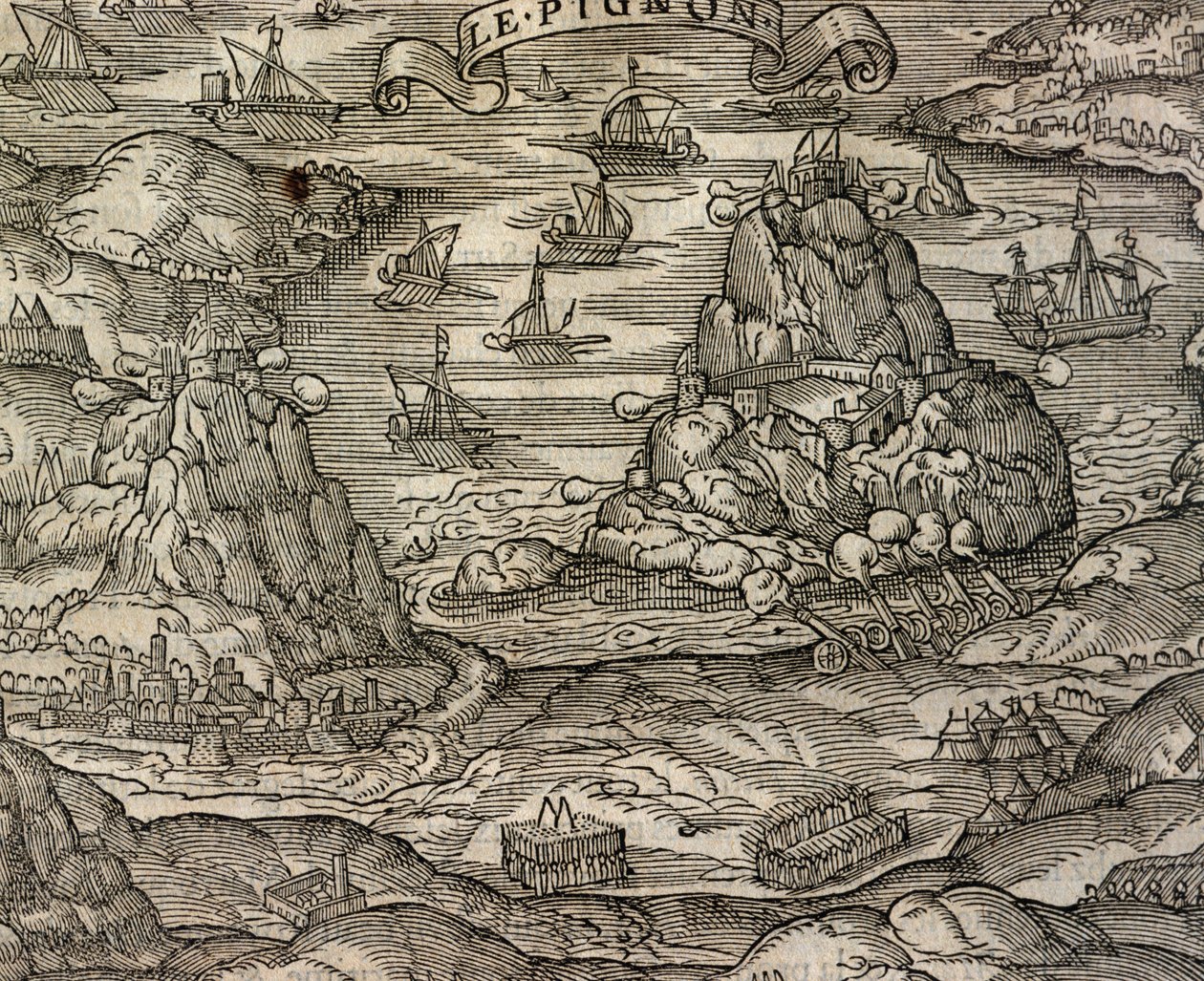 Seeschlacht bei der Insel Le Pignon, Stich aus Cosmographie universelle, von Andre Thevet (1504-1592), Paris von Andre Thevet