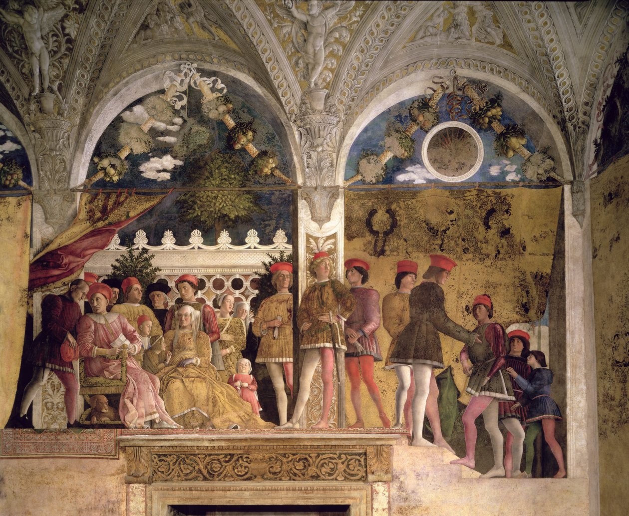 Marchese Ludovico Gonzaga III von Mantua (reg. 1444-78), seine Frau Barbara von Brandenburg, Kinder, Höflinge und ihr Hund Rubino, aus der Camera degli Sposi oder Camera Picta, 1465-74 (Detail) von Andrea Mantegna