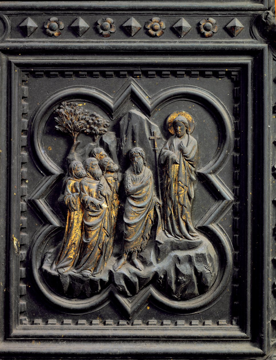 Johannes der Täufer kündigt Christus an, achtes Panel der Südtüren des Baptisteriums von San Giovanni, 1336 von Andrea Pisano