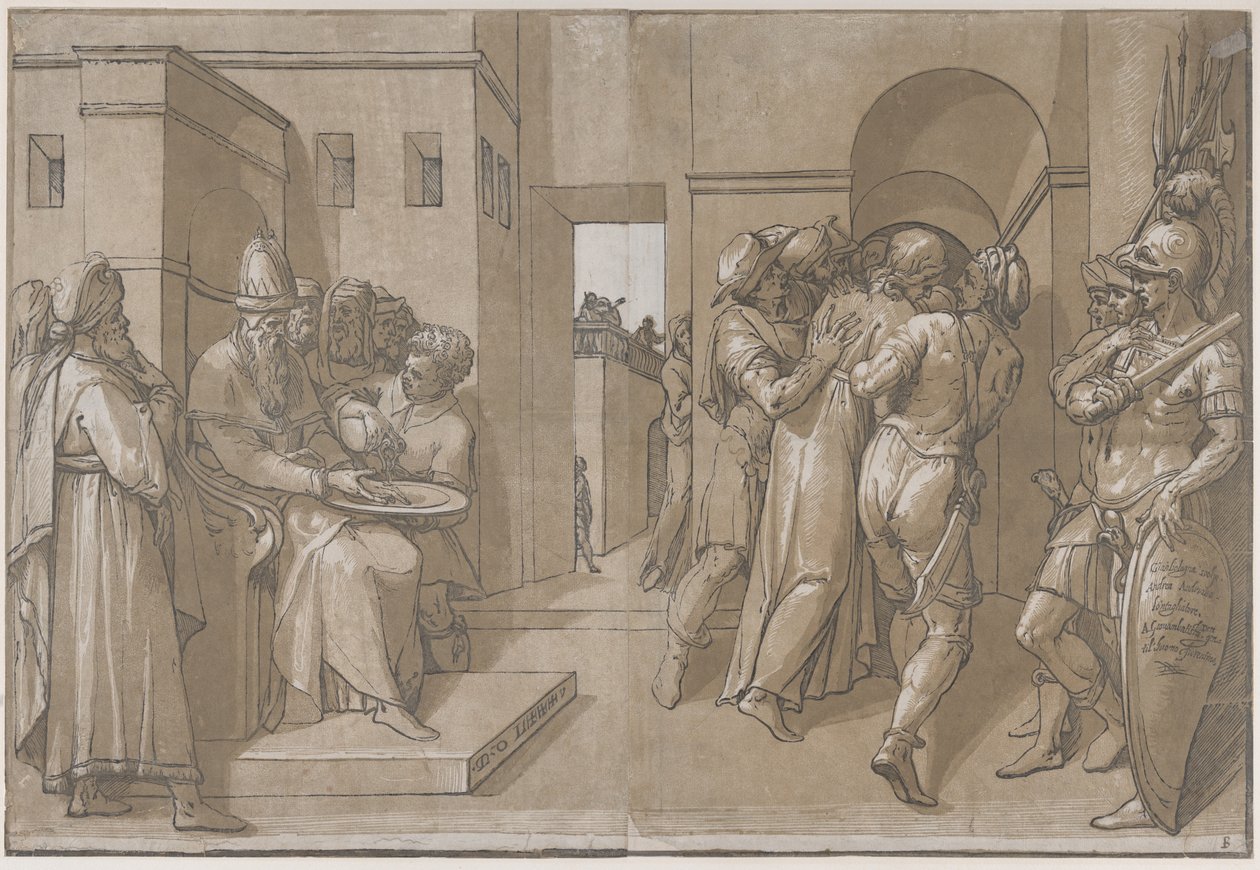 Pilatus links wäscht sich die Hände, linke Seite des Blattes, 1585 von Andrea Andreani