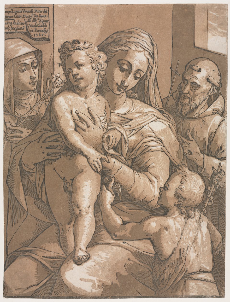 Jungfrau und Kind mit St. Johannes, St. Katharina von Siena und St. Franziskus, 1585 von Andrea Andreani
