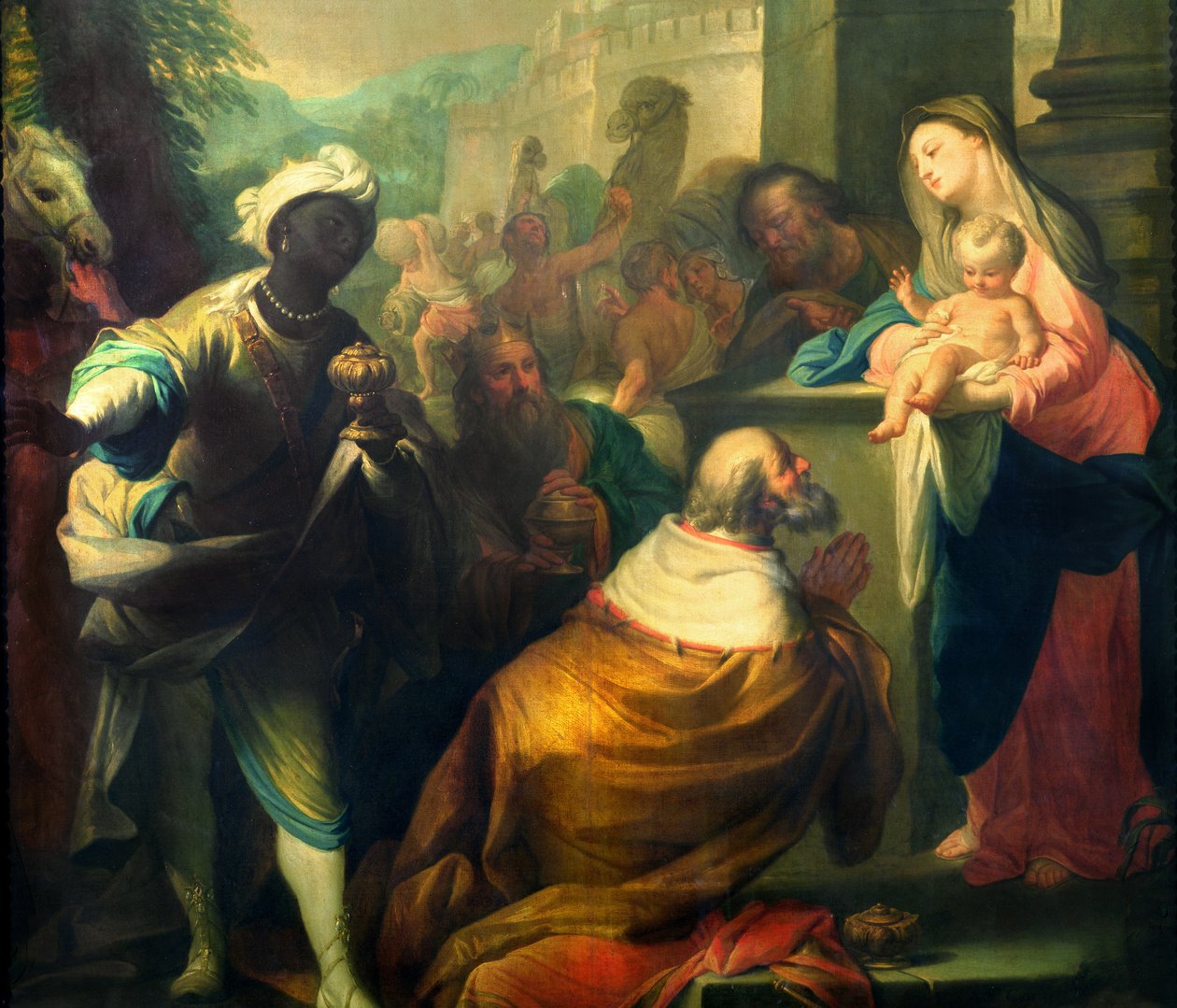 Die Anbetung der Könige, Detail (drei Könige) von Andrea Casali