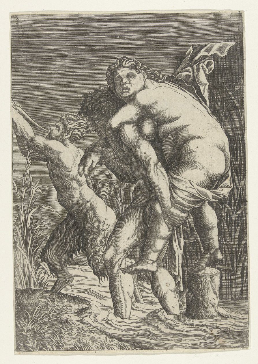 Mann trägt Frau auf seinem Rücken und ein Satyr von Andrea Mantegna (school of)