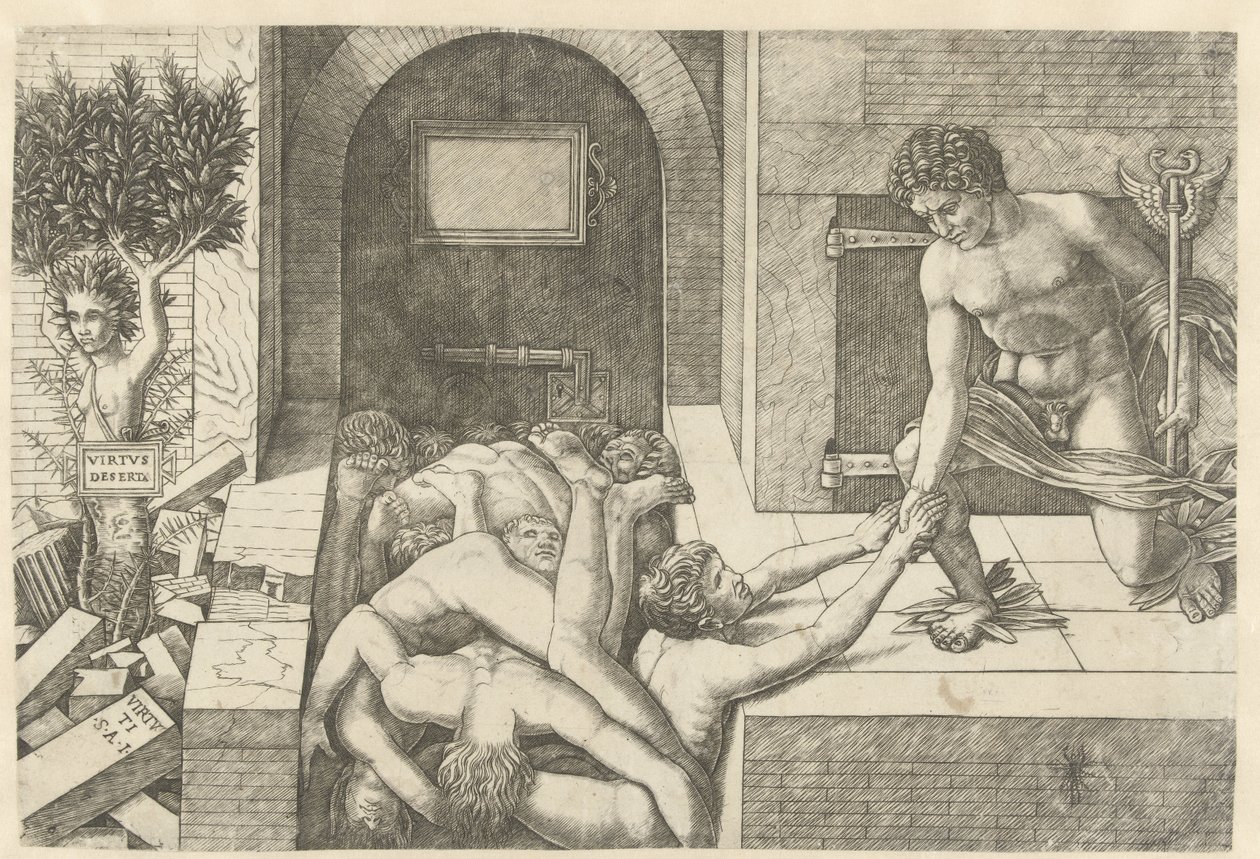 Merkur als Personifikation der Tugend rettet Seelen im Vorhof und Daphne verwandelt sich in einen Baum von Andrea Mantegna (school of)