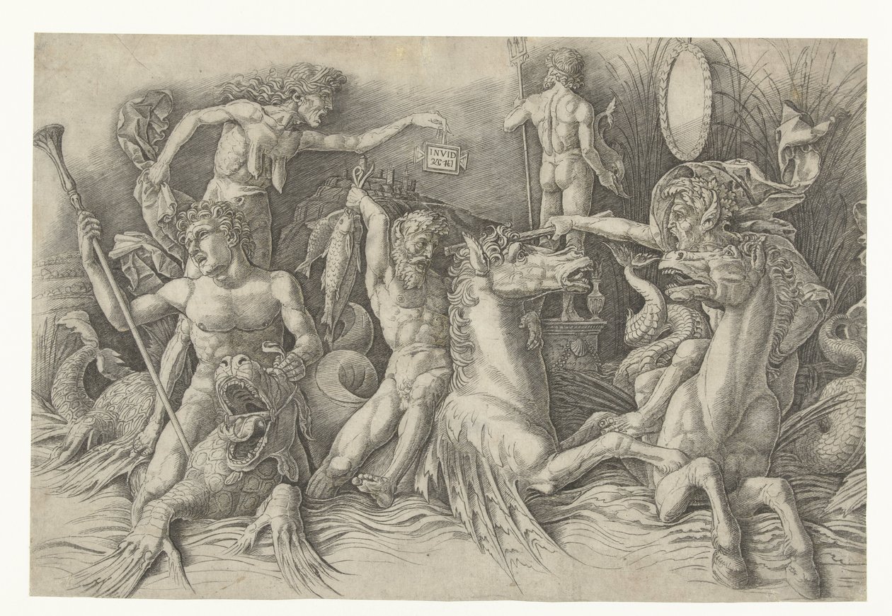 Kampf der Meeresgötter, mit Neid (Invidia) links von Andrea Mantegna