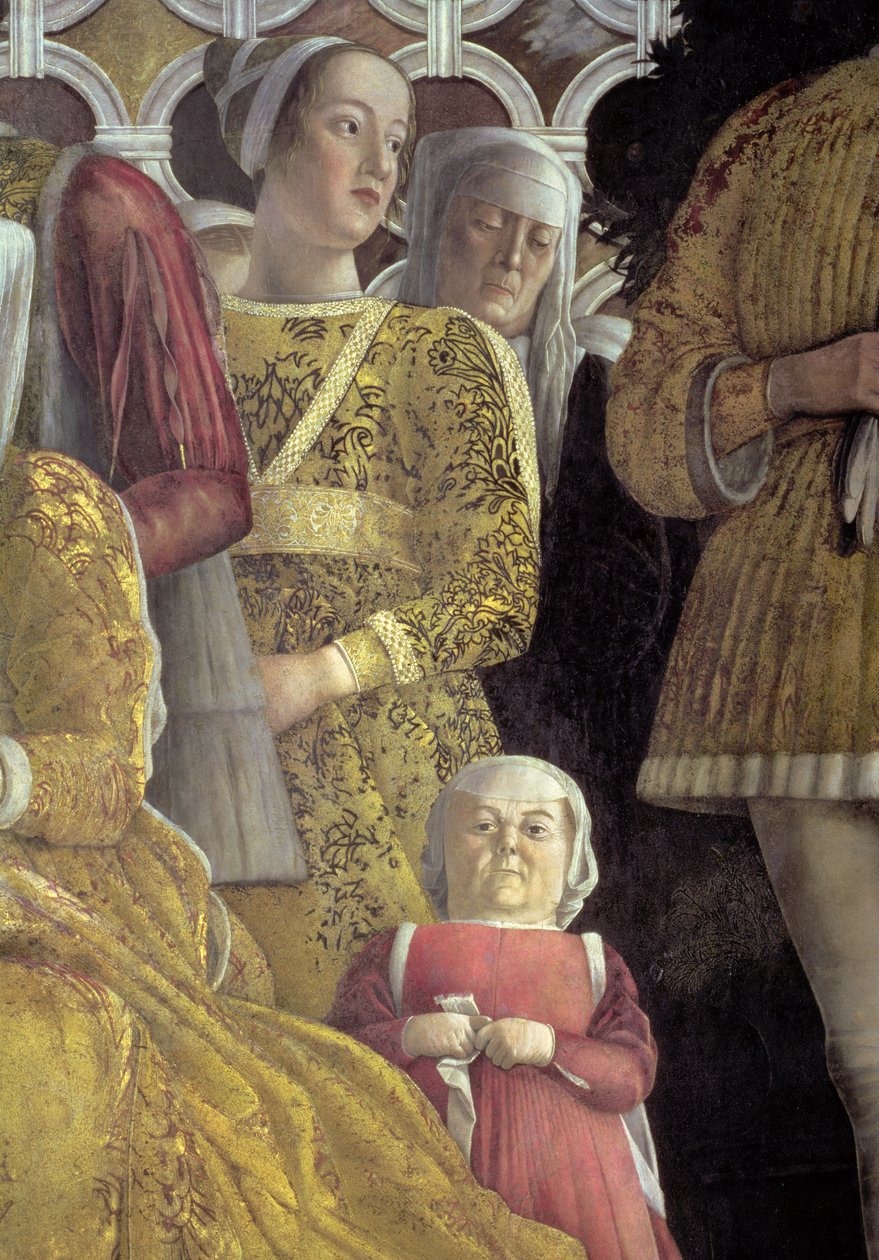 Zwerg und andere Höflinge aus dem Gruppenporträt der Familie und des Hofes von Marchese Ludovico Gonzaga III von Mantua, aus der Camera degli Sposi oder Camera Picta (Detail) von Andrea Mantegna