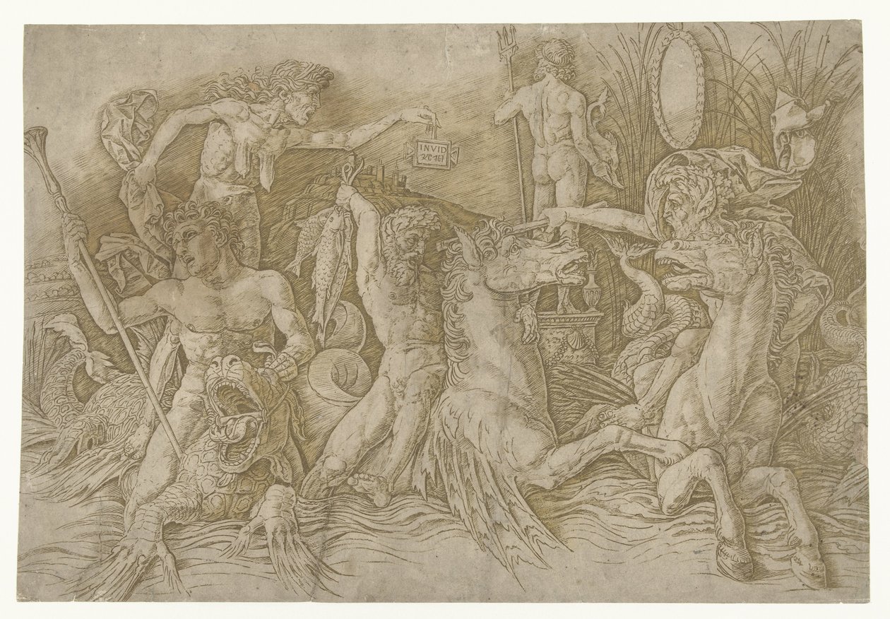 Kampf zwischen Satyrn auf Hippokampen und einer alten Frau als Personifikation des Neids auf dem Rücken eines Drachen von Andrea Mantegna